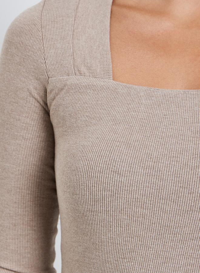 Styli Women Beige Long Sleeve Square Neck Knit Top - Image 4